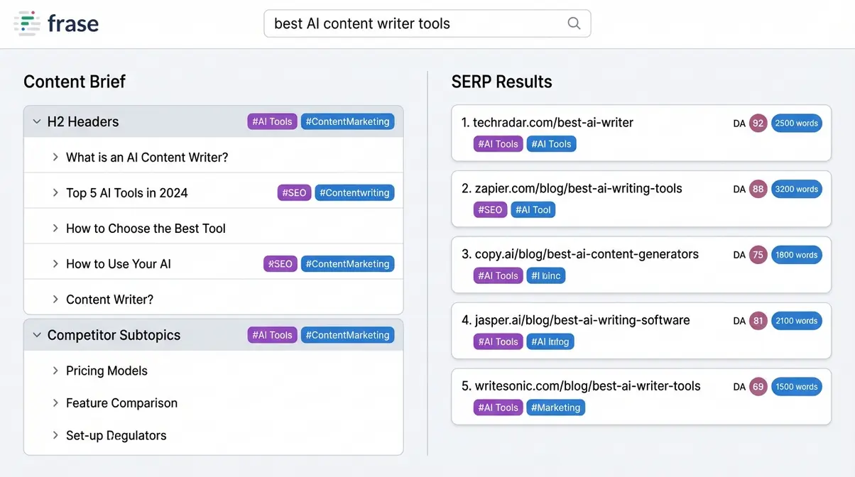 Frase dashboard displaying AI-generated content brief from top SERP competitors with keyword cluster analysis