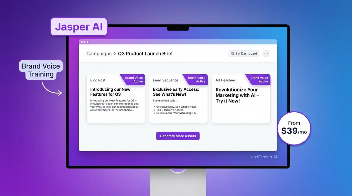 Jasper AI marketing copy tool showing brand voice training dashboard and multi-asset campaign generation interface