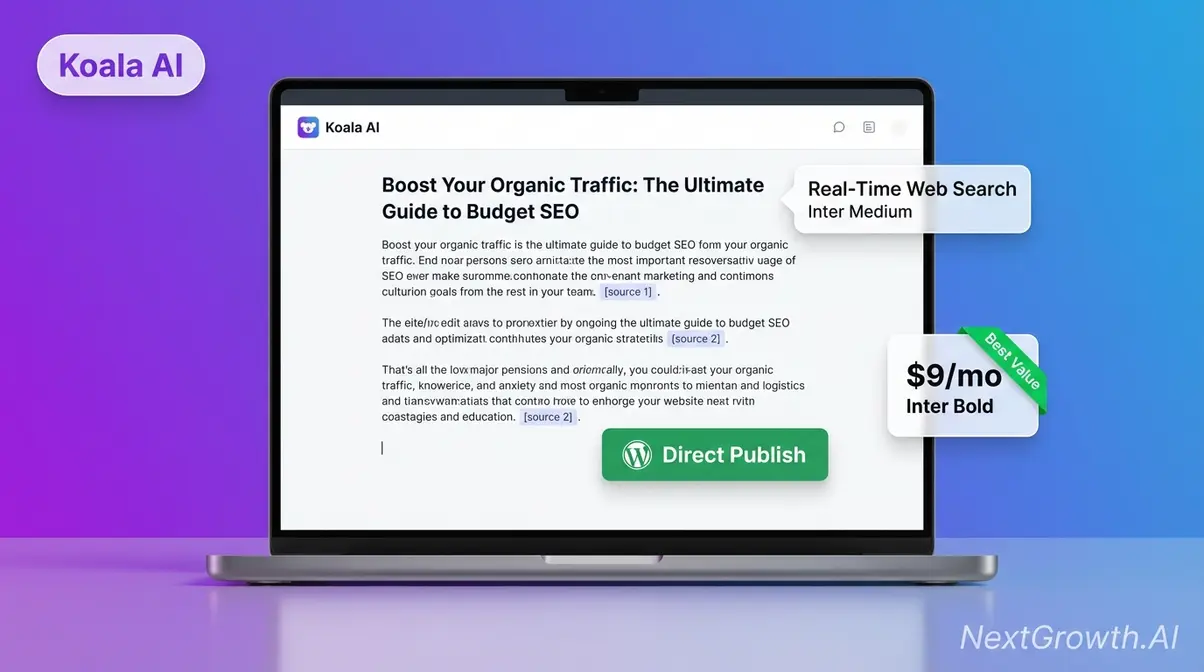 Koala AI budget SEO writing tool showing real-time web search integration and WordPress direct publish feature