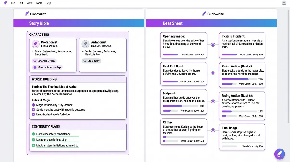 Sudowrite Story Bible and Beat Sheet interface showing character cards, world-building rules, and scene structure timeline for fiction writers