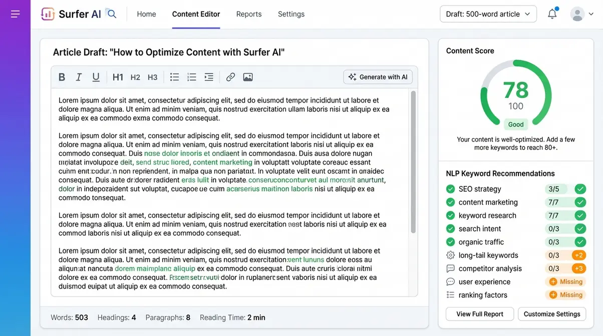 Surfer AI content editor interface showing real-time SEO content score and NLP keyword recommendations panel