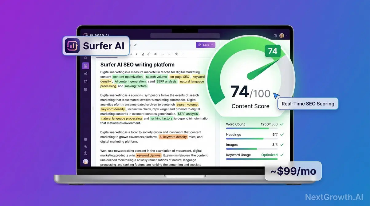 Surfer AI SEO writing tool interface with real-time content score and NLP keyword recommendations panel