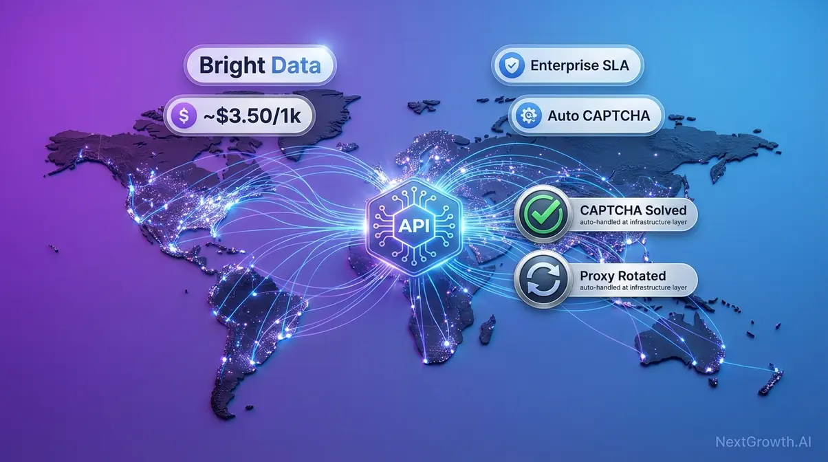 Bright Data enterprise SERP API showing global proxy network with automatic CAPTCHA solving