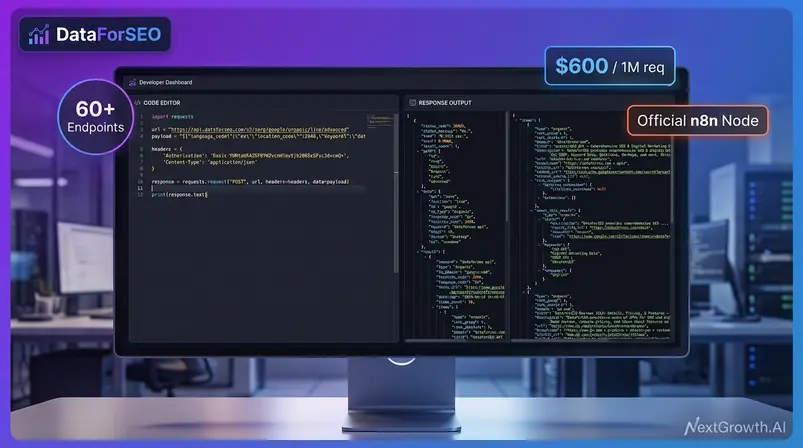DataForSEO API dashboard showing JSON output with sixty-plus endpoints and pay-as-you-go pricing