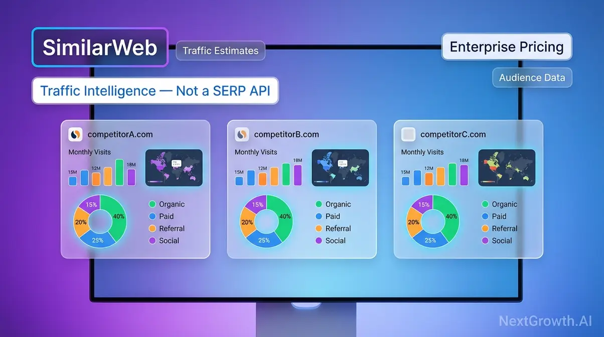 SimilarWeb traffic intelligence API dashboard showing competitive traffic estimates and channel breakdown
