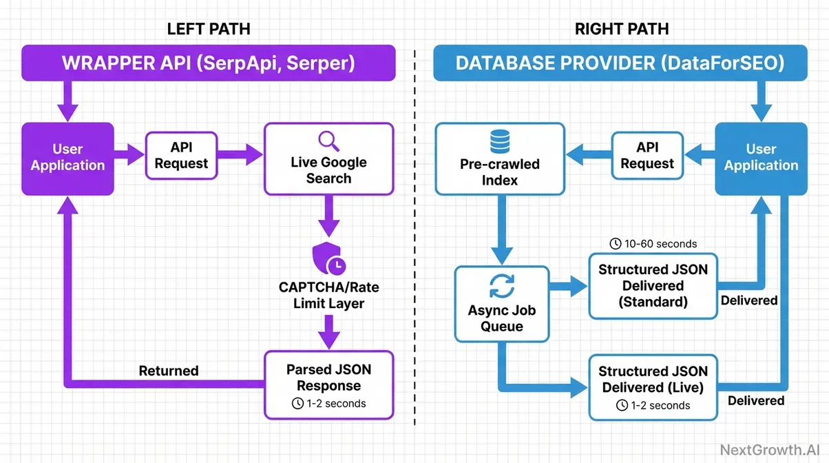 Architecture diagram comparing wrapper API versus database provider SERP data flow paths for DataForSEO alternatives