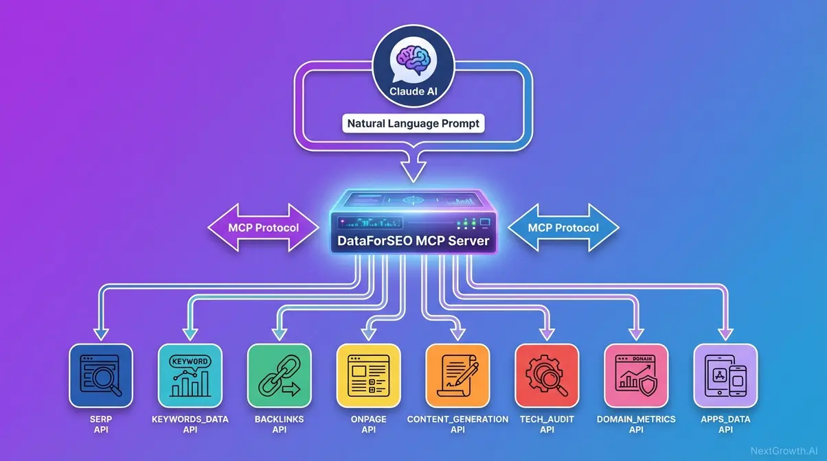 DataForSEO MCP server architecture showing Claude AI connected to eight SEO API modules