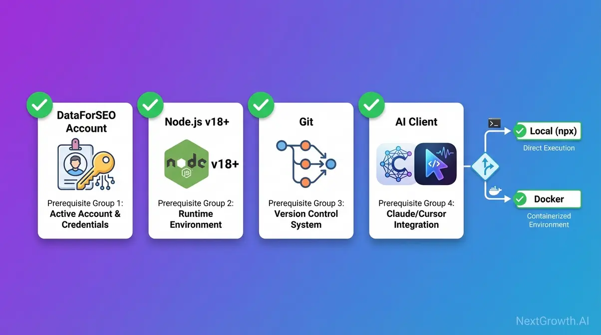 DataForSEO MCP server prerequisites checklist showing Node.js, Git, Docker, and AI client requirements