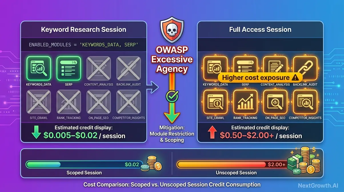 MCP permission layer comparison showing scoped versus full-access module configuration with cost implications