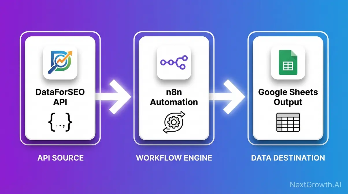 DataForSEO connected to n8n automation workflow feeding into Google Sheets for SEO keyword research pipeline