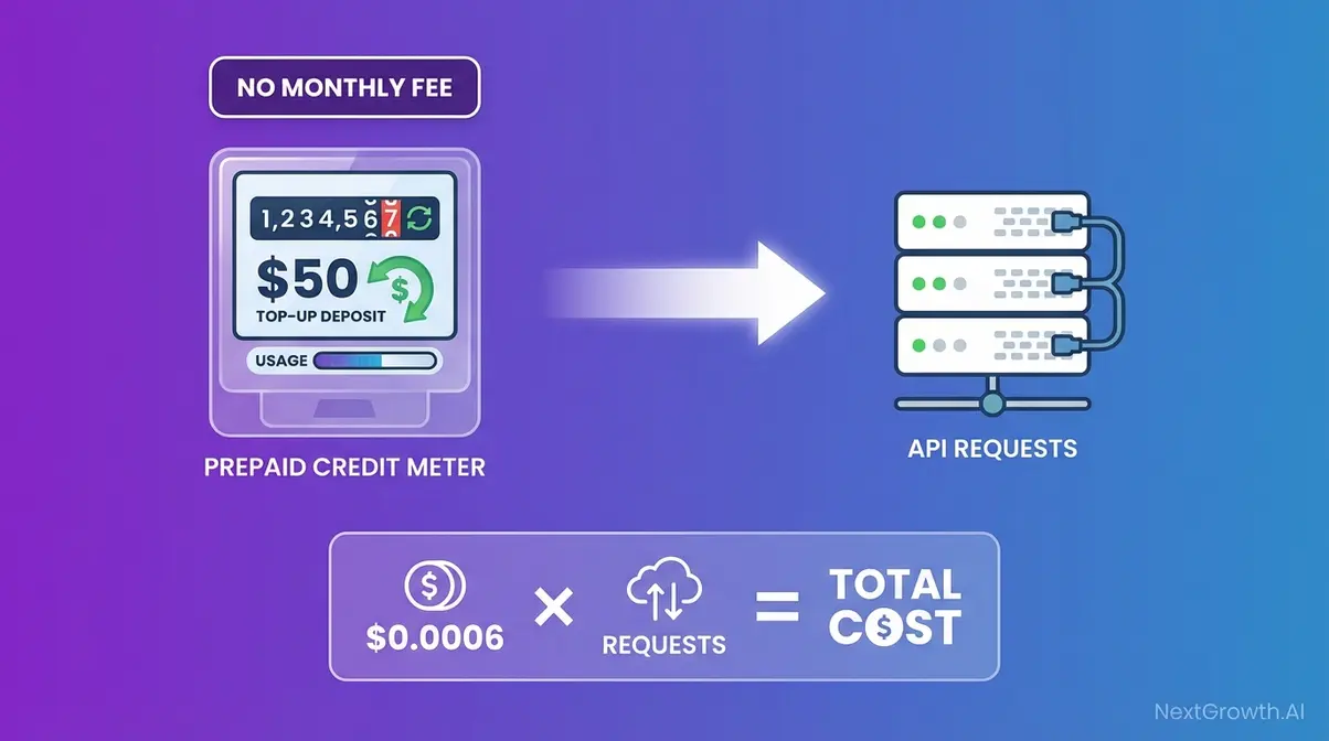 DataForSEO pay-as-you-go pricing model illustration showing credit deposit and per-request cost structure