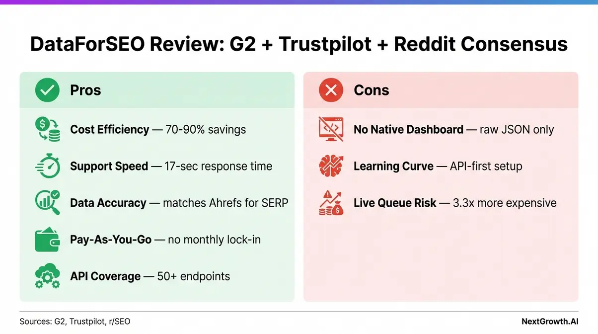 DataForSEO pros and cons summary infographic synthesized from G2 Trustpilot and Reddit reviews