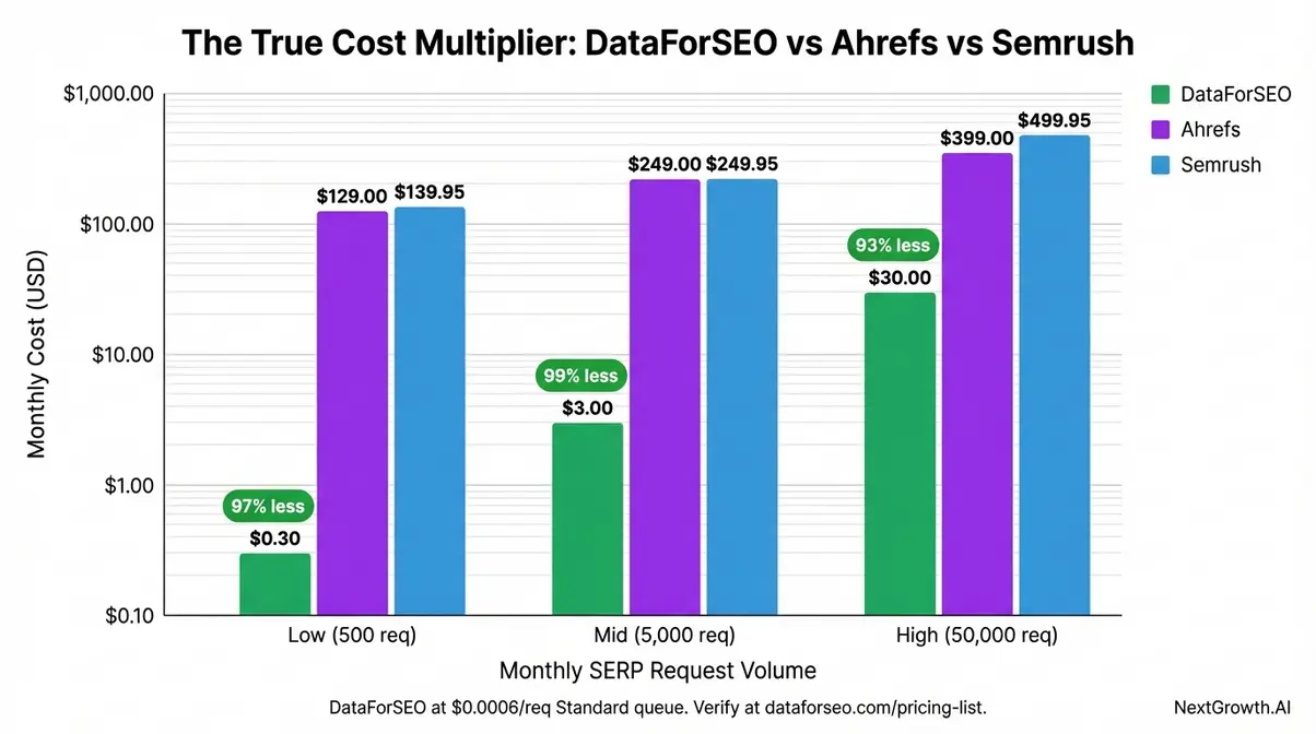 Cost comparison chart showing DataForSEO pricing versus Ahrefs and Semrush at low mid and high usage volumes