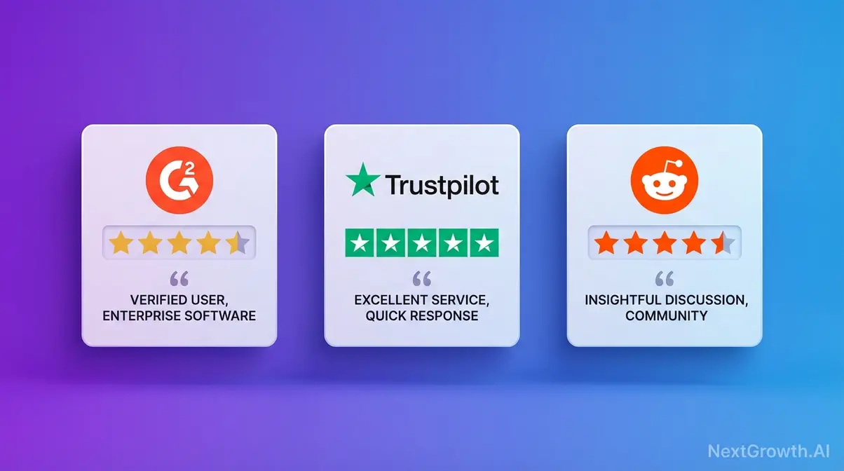 DataForSEO reviews summary across G2 Trustpilot and Reddit showing user feedback and ratings