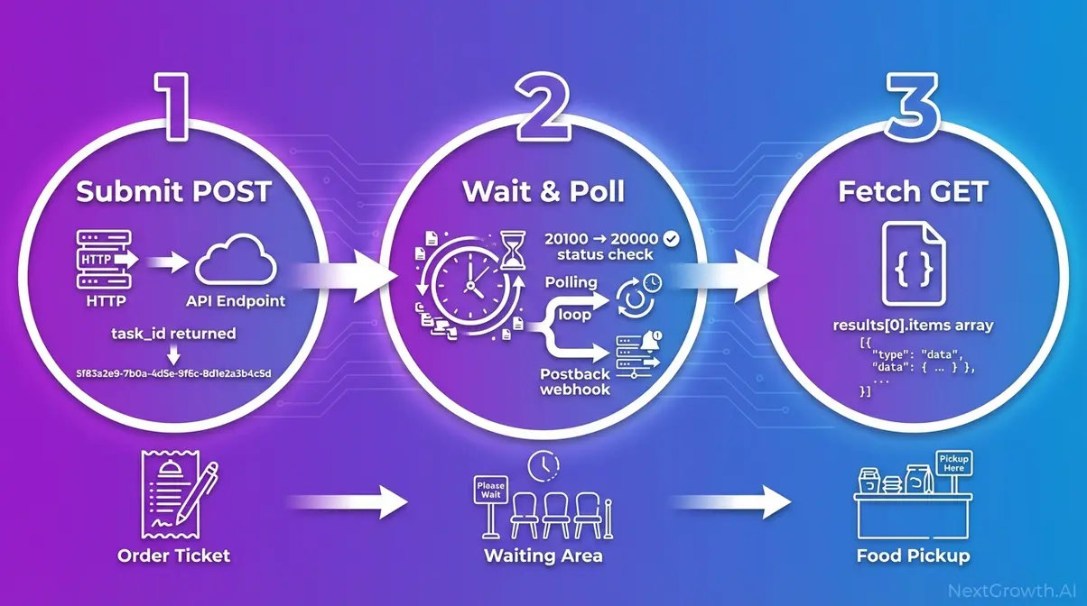 DataForSEO SERP API async task-based architecture showing three-step submit wait fetch cycle with polling and postback paths