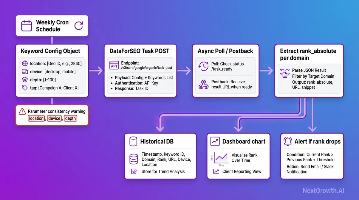 DataForSEO SERP API rank tracker workflow showing keyword config consistent parameters async polling and rank extraction pipeline