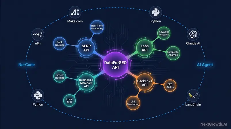 DataForSEO API ecosystem map showing SERP Labs Backlinks and no-code integration paths for developers