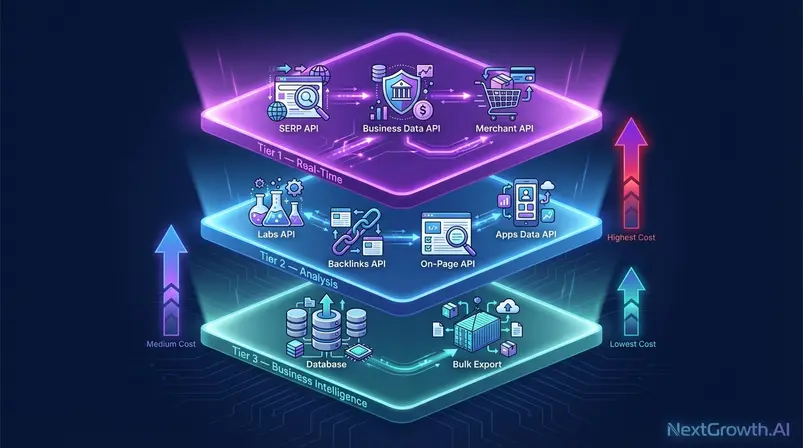 DataForSEO API stack three-tier architecture showing real-time analysis and bulk intelligence layers