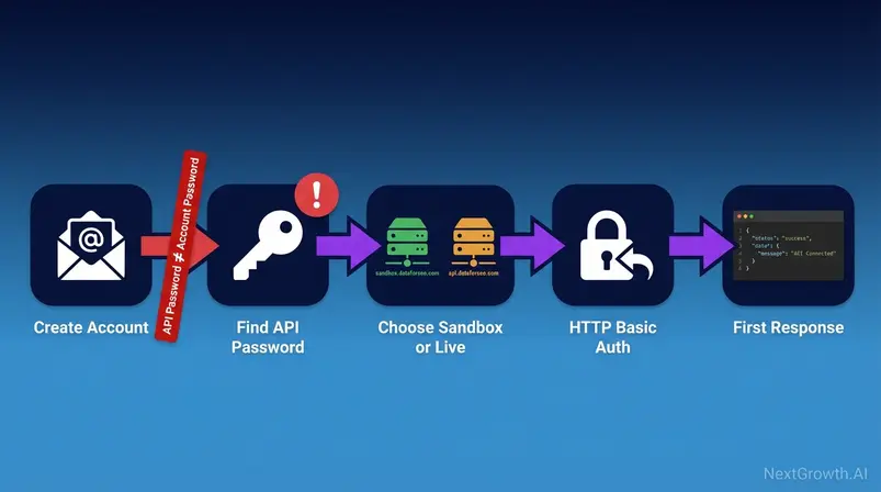 DataForSEO API authentication setup flow showing account creation to first authenticated request steps