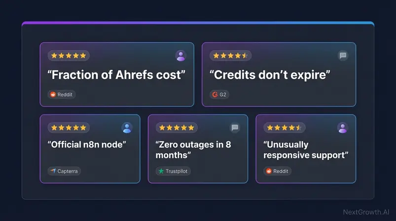 DataForSEO user reviews summary showing community praise for pricing efficiency and API reliability
