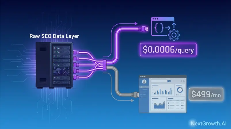 DataForSEO raw data advantage diagram showing API access versus subscription dashboard cost difference