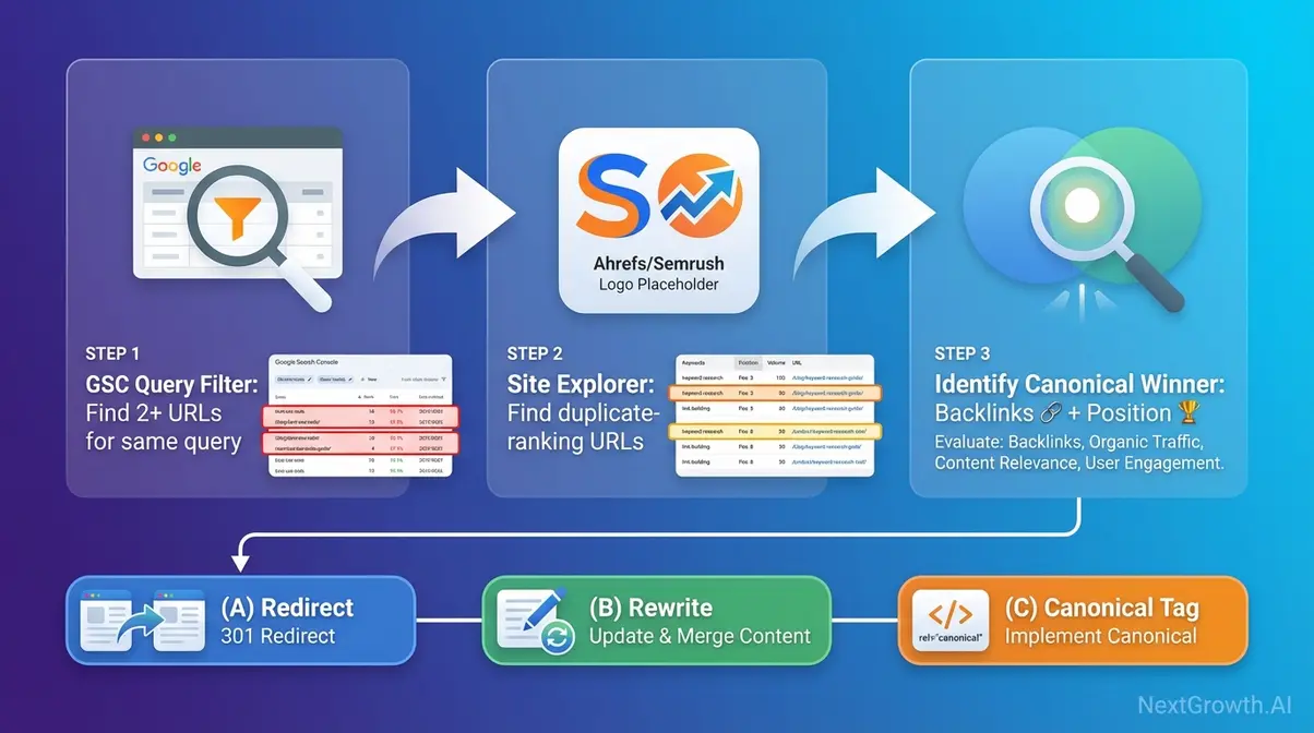 Keyword cannibalization audit workflow showing three steps to identify and resolve competing URLs that suppress each other's rankings