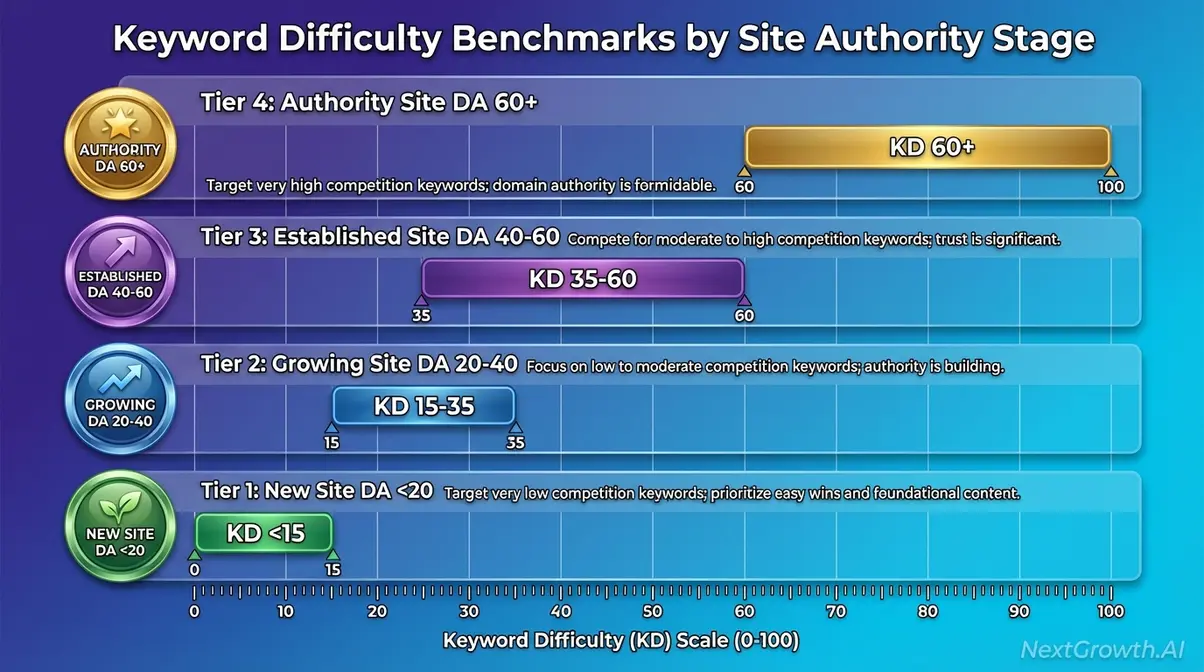 Keyword difficulty benchmark chart showing target KD ranges for four site authority levels from new sites to established authority domains