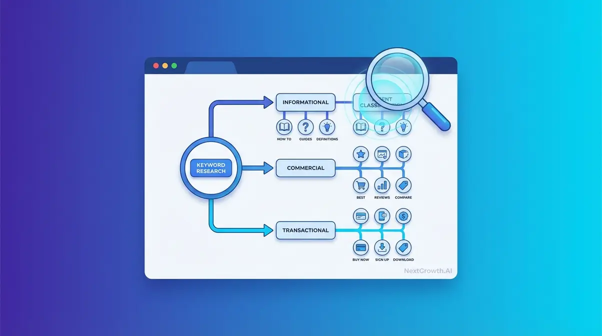 Strategic keyword planning diagram showing search intent classification and topic branching for modern SEO workflow