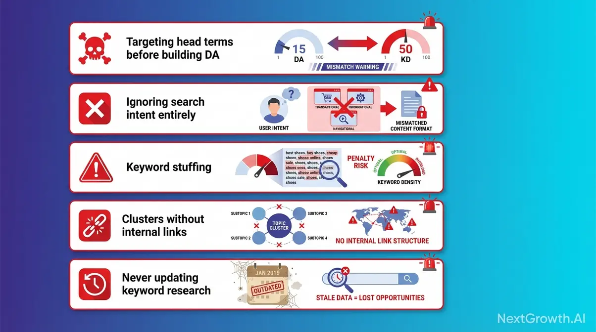 Five common keyword research mistakes illustrated as warning cards that SEO practitioners should check before publishing content