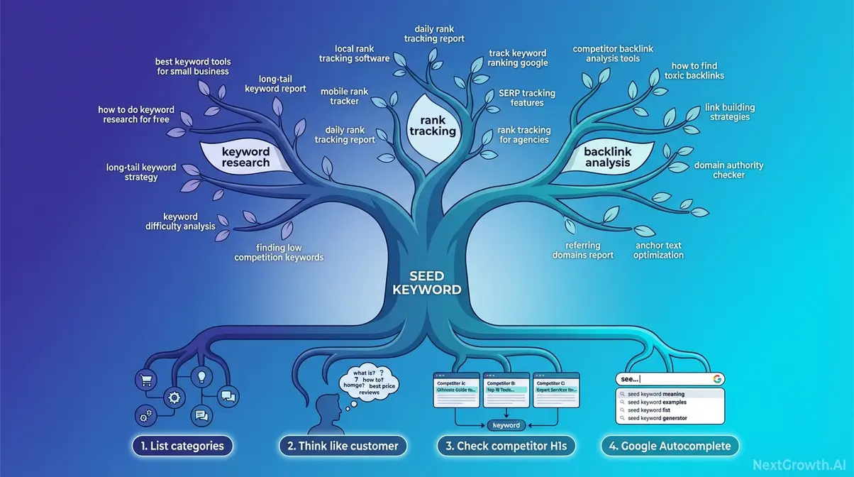 Seed keyword discovery tree diagram showing four-step process for finding foundational SEO keywords from product categories to autocomplete expansion