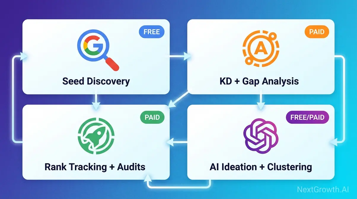 SEO keyword research tools overview showing Google Keyword Planner, Ahrefs, Semrush, and ChatGPT positioned in a workflow stack