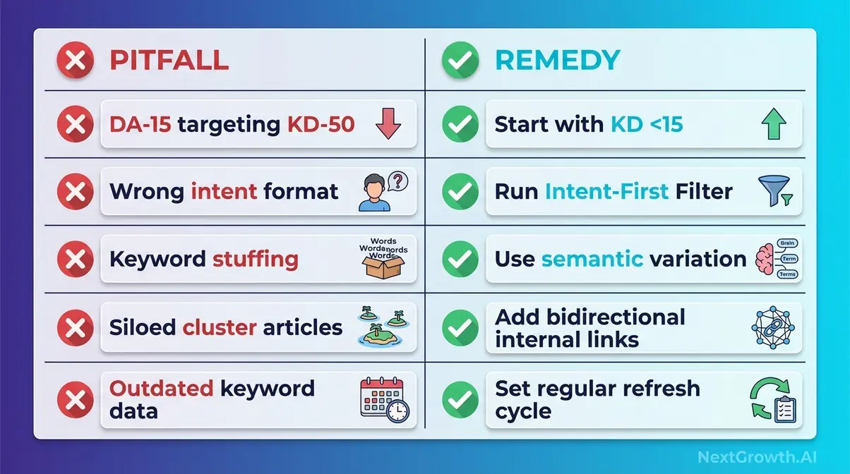 SEO keyword research pitfalls and remedies checklist showing five common mistakes with specific corrective actions for each