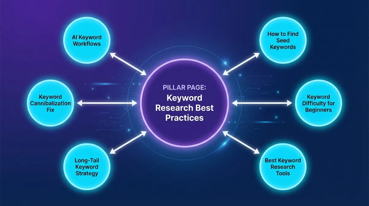 Topic cluster SEO diagram showing keyword research pillar page linking to five cluster articles with bidirectional arrows for topical authority