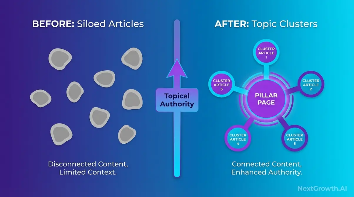 Topical authority content architecture comparison showing siloed articles versus connected topic cluster structure for SEO