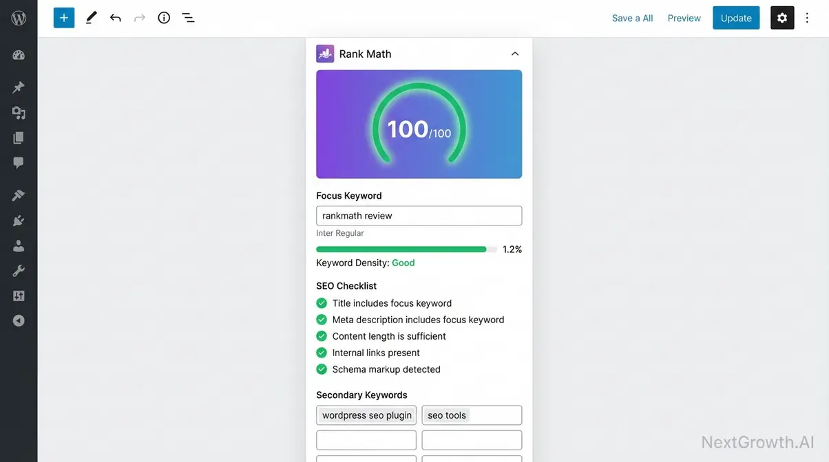 Rank Math post editor sidebar showing 100-point SEO score panel and keyword optimization checklist