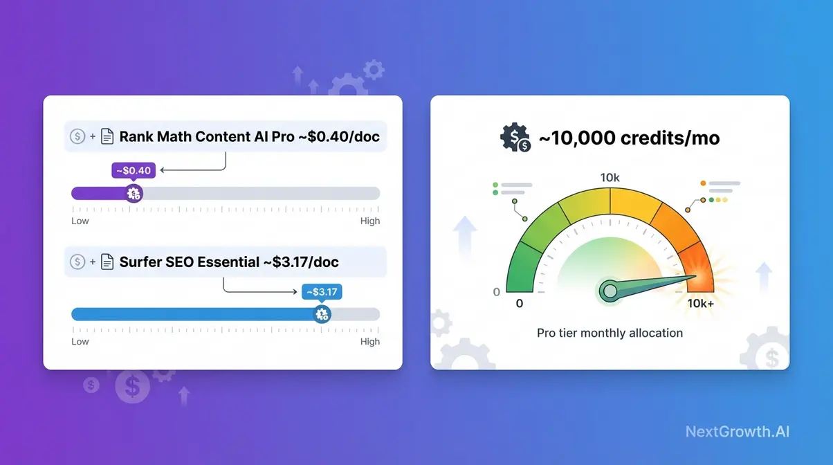 Rank Math pricing comparison graphic showing Content AI credit cost per document versus Surfer SEO