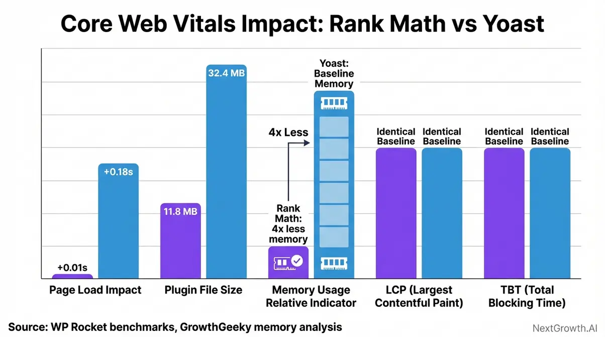 Bar chart comparing Rank Math versus Yoast Core Web Vitals site speed benchmark metrics