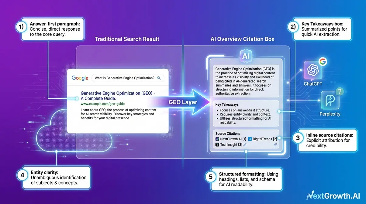 GEO generative engine optimization checklist showing five steps to make SEO content visible in AI search overviews and citations