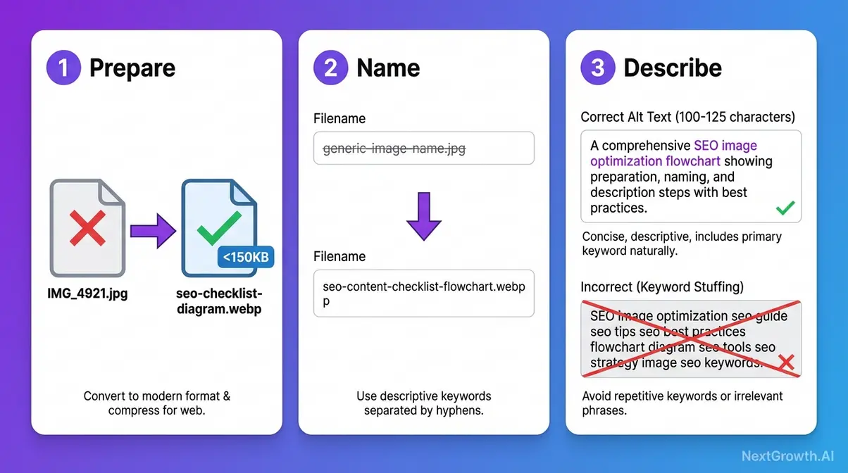 Image optimization SEO checklist: compress to WebP, rename with kebab-case filename, write descriptive alt text