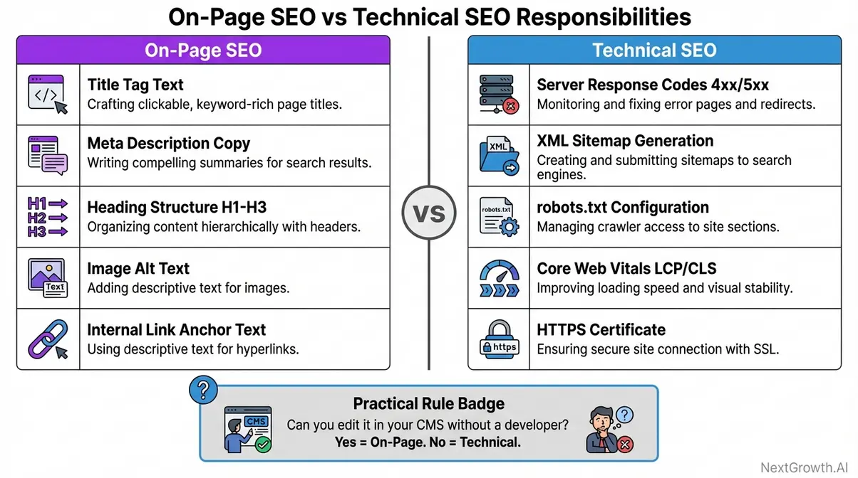 On-page SEO versus technical SEO responsibilities comparison showing HTML elements and backend tasks