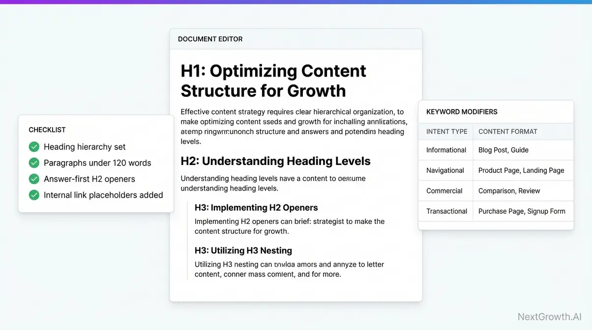 SEO content creation checklist showing heading hierarchy structure and pre-publish writing workflow for blog posts