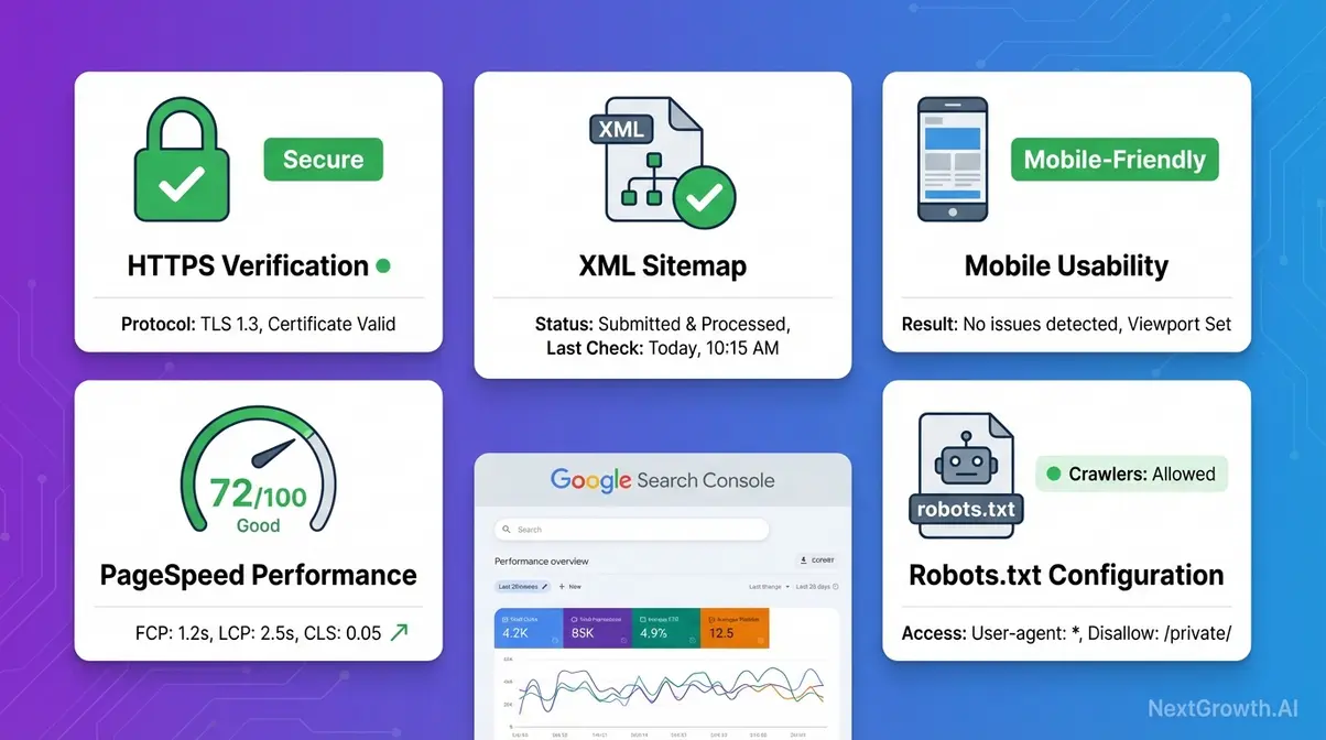 Technical SEO checklist showing five core checks: HTTPS security, XML sitemap submission, mobile-friendliness, page speed, and robots.txt