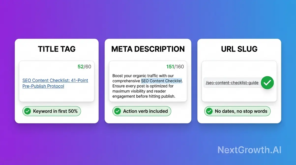 Title tag meta description and URL slug optimization examples showing correct character counts and keyword placement