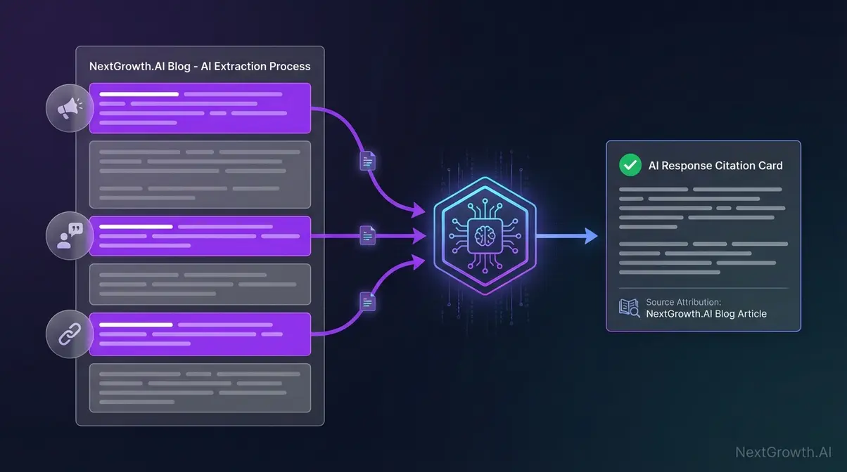 Technical diagram showing how AI synthesizes answers by extracting self-contained passages from GEO-optimized content marketing articles