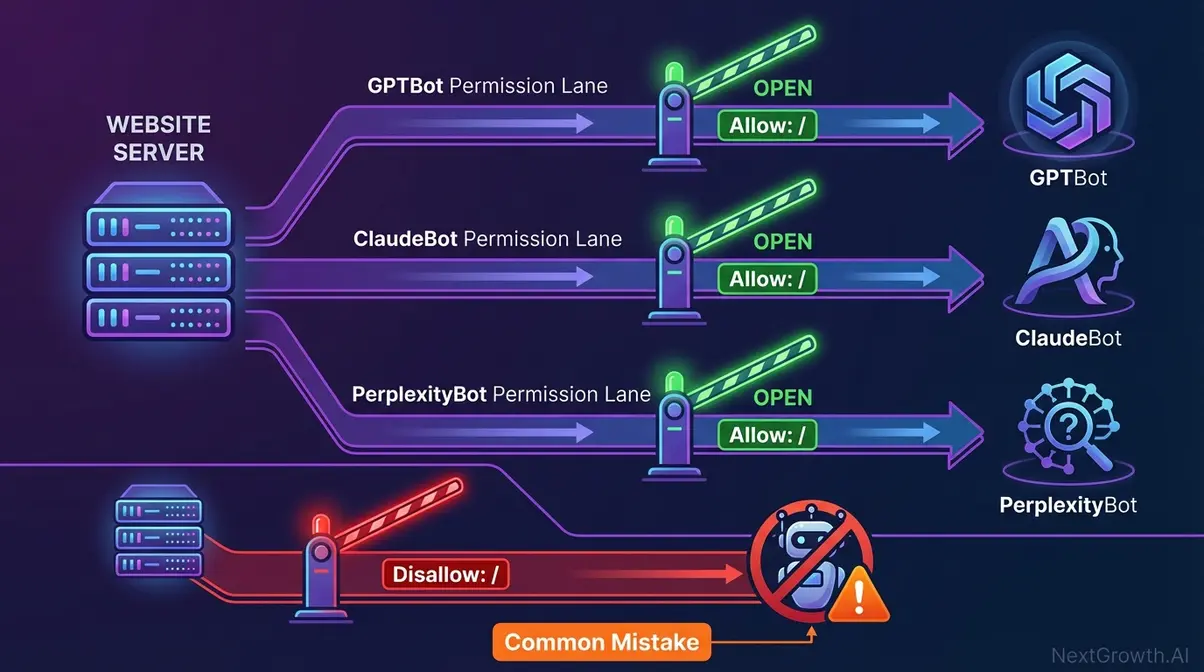 Diagram showing AI crawler bot access permissions in robots.txt with GPTBot, ClaudeBot, and PerplexityBot allow directives