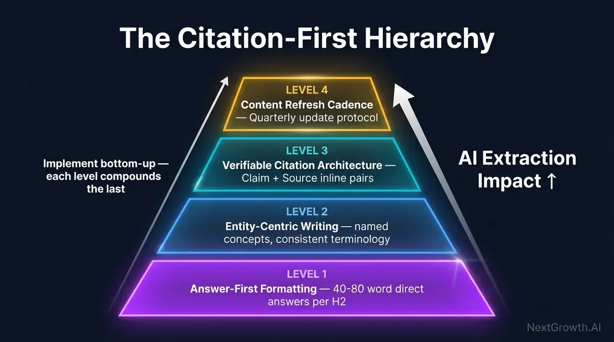 Citation-First Hierarchy pyramid diagram showing four ranked GEO content marketing signal levels for AI citation optimization