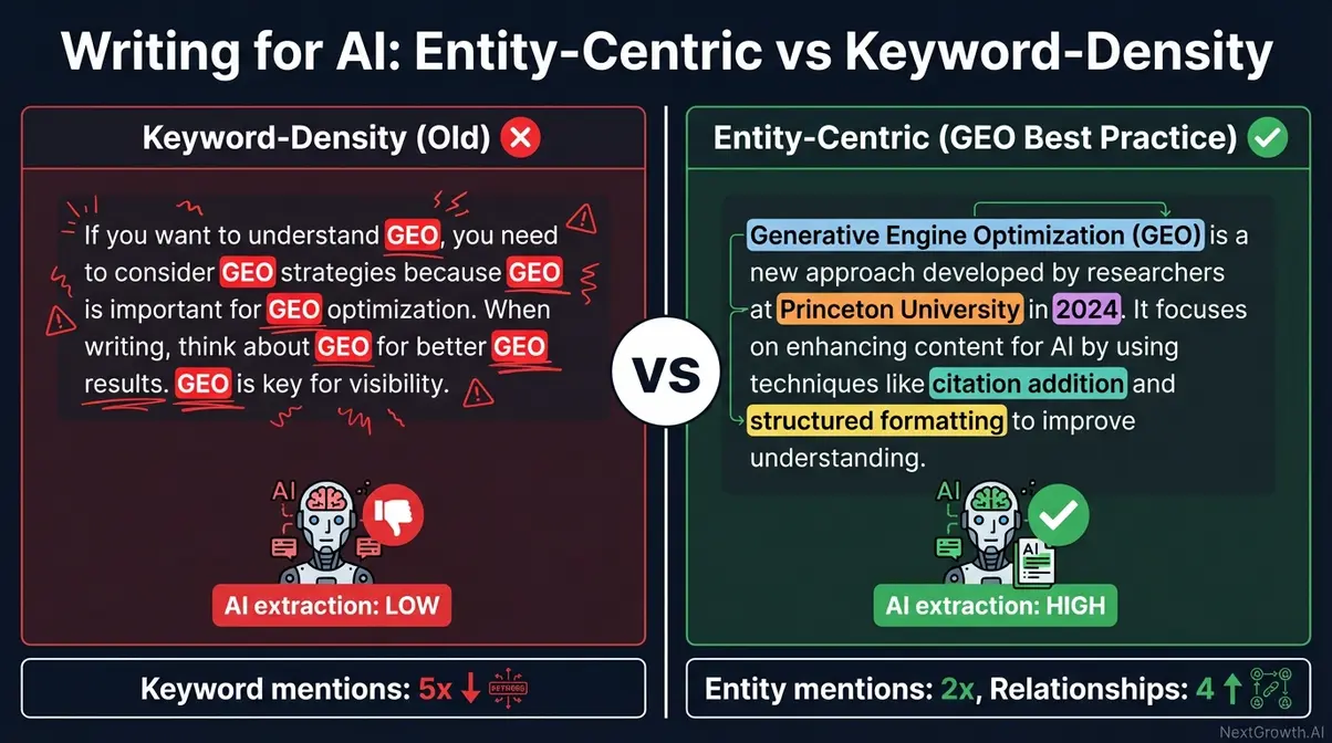 Side-by-side infographic comparing keyword-density paragraph with entity-centric GEO writing for AI content marketing citability