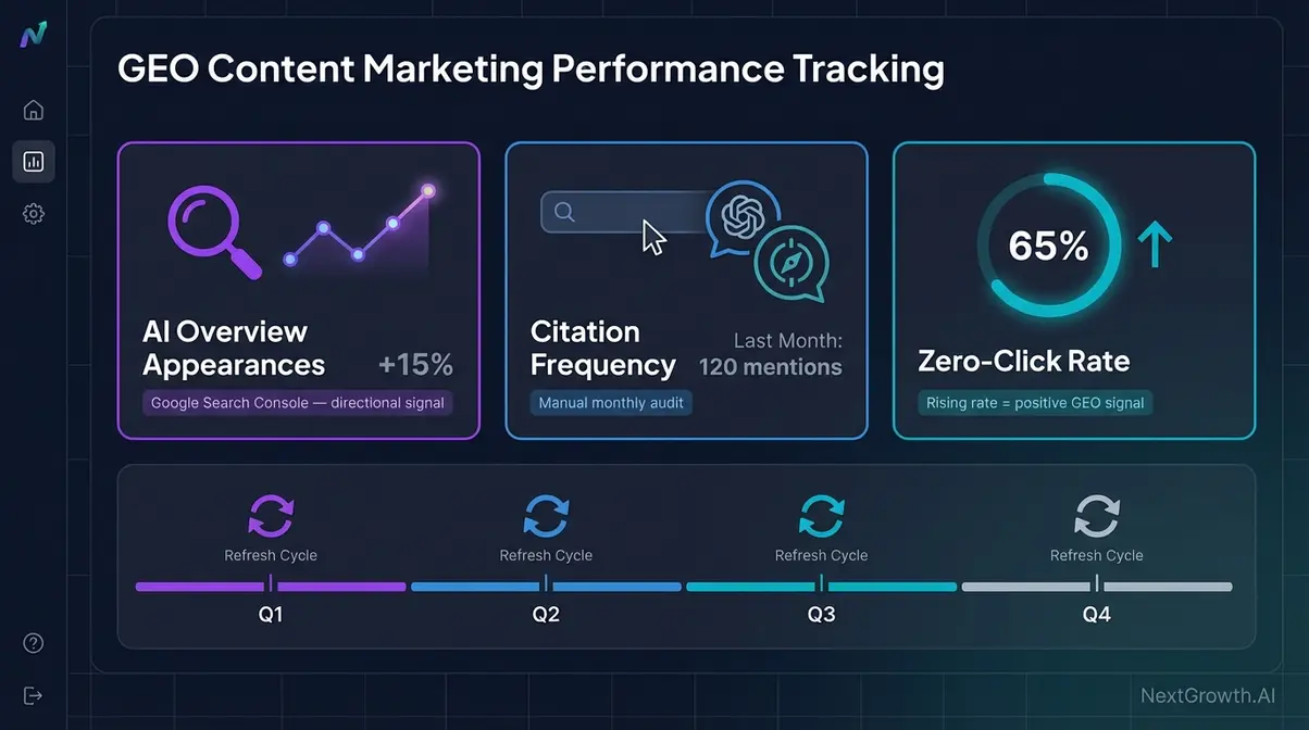 GEO content marketing measurement dashboard showing AI Overview appearances, citation frequency, and zero-click rate metrics