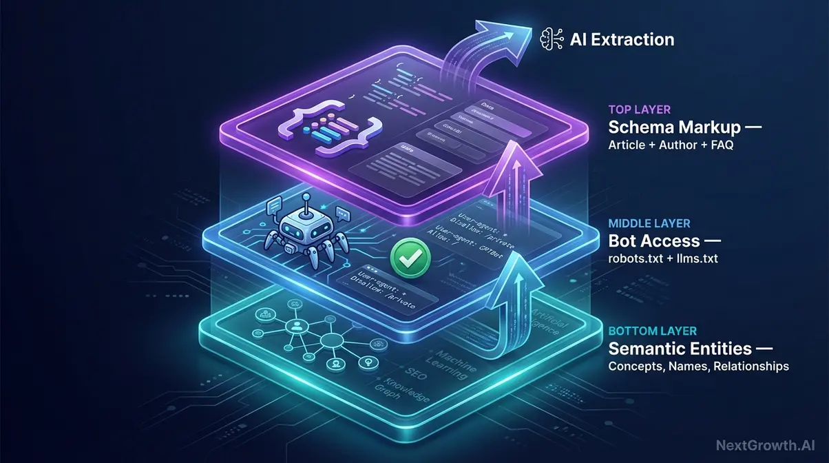 Three-layer technical architecture diagram showing schema markup, bot access, and semantic entity foundations for GEO content marketing