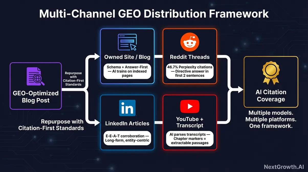 Flowchart showing GEO content marketing distribution across owned site, Reddit, YouTube, and LinkedIn to maximize AI citation coverage